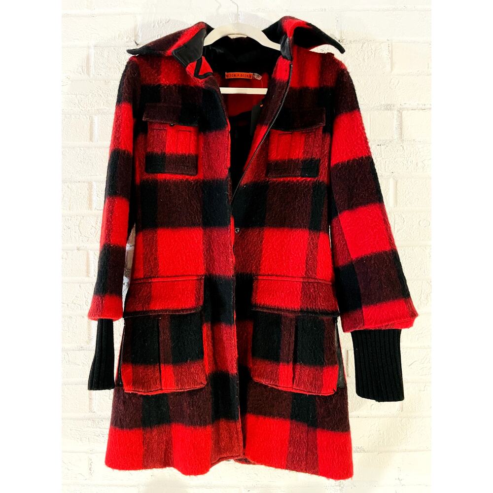 Alice + Olivia Red Black Buffalo Plaid Wool Coat Size Small Belted Zip Front